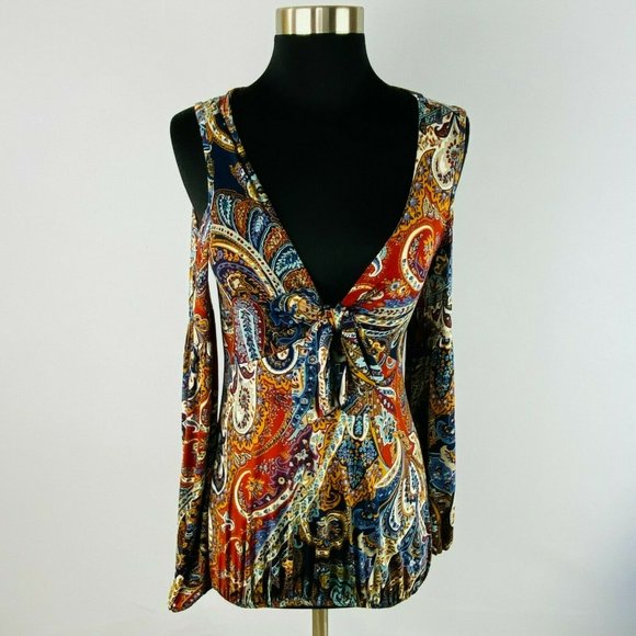 Venus Womens XS Cold Shoulders Tie Front Accent Bohemian Print Long Sleeve Top - Picture 1 of 7